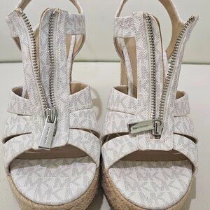 Michael Kors White Monogram Espadrille Wedge Sandals – Size 8.5 – Lightly Worn